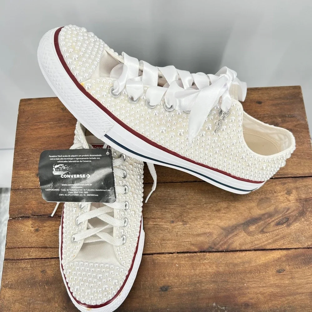 Converse All Star Pearl Embellished Low  Sneakers Ivory Bridal‎ Shoes Womens 8.5